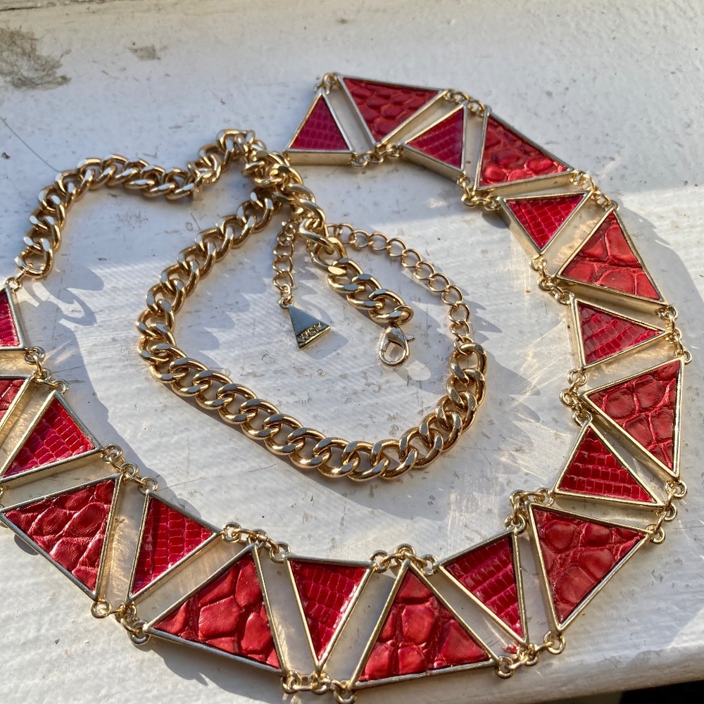 3D Printed Art Deco Necklace w/Red Alligator & Lizard